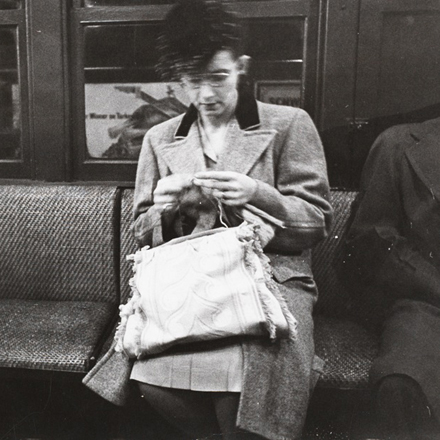 Stanley Kubrick. Life and Love on the New York City Subway. Woman knitting on a subway. 1946. Museum of the City of New York. X2011.4.11107.16